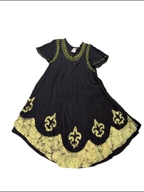 Boho Rayon Babydoll Dress Black Embroidered Chartreuse Fleur-de-Lis Accents
